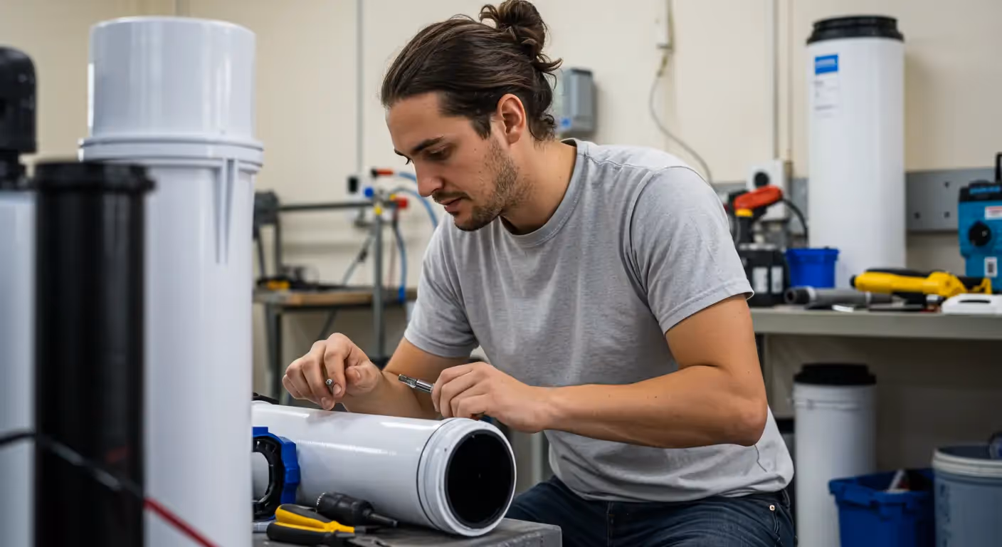 A man with a hair bun in a grey t-shirt is intently working on white water filtration equipment with tools in an indoor workshop setting