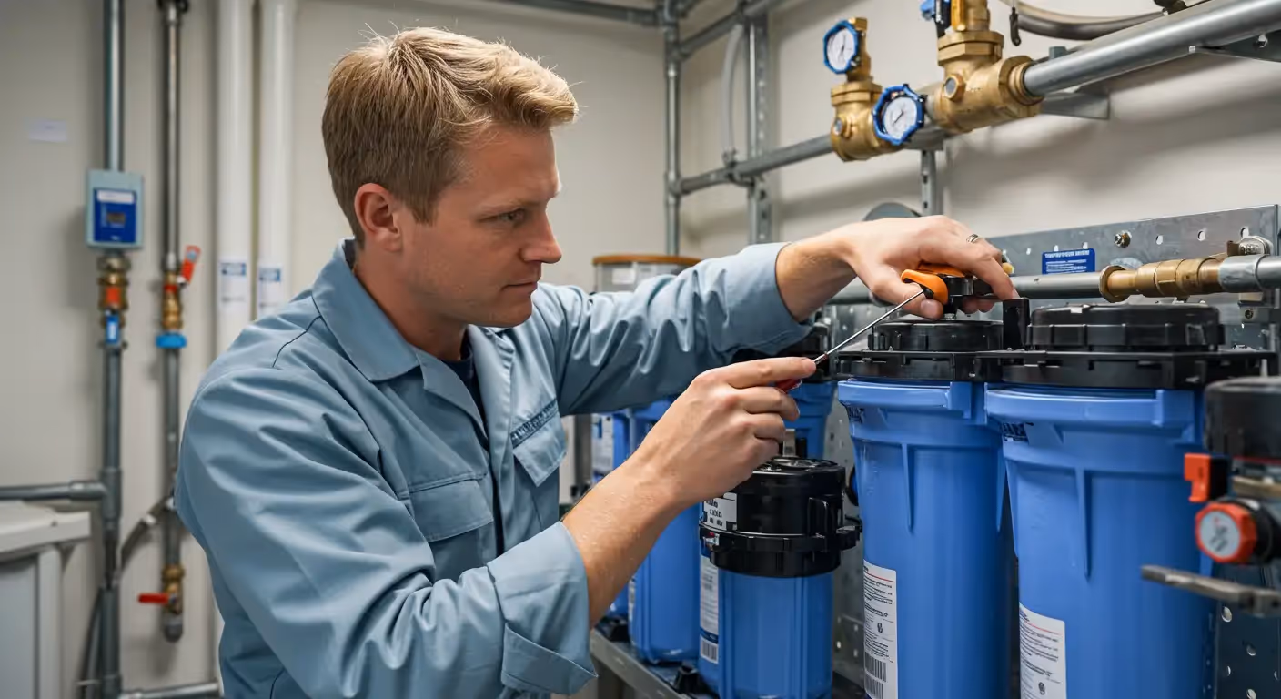 A technician in a light blue uniform is using a tool to service a row of large, blue industrial water filter housings mounted on a wall