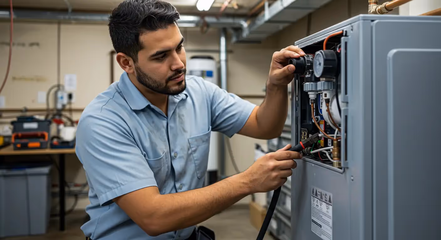 A male technician in a light blue shirt checks the gauges and wiring inside the control panel of a large, industrial water treatment system