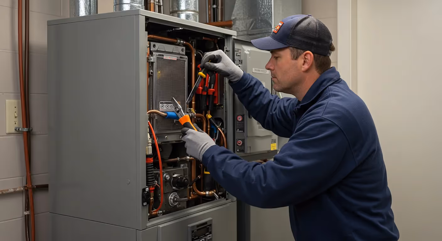 A technician in a baseball cap and gray gloves uses a red and blue tool to work on the internal components of a furnace.