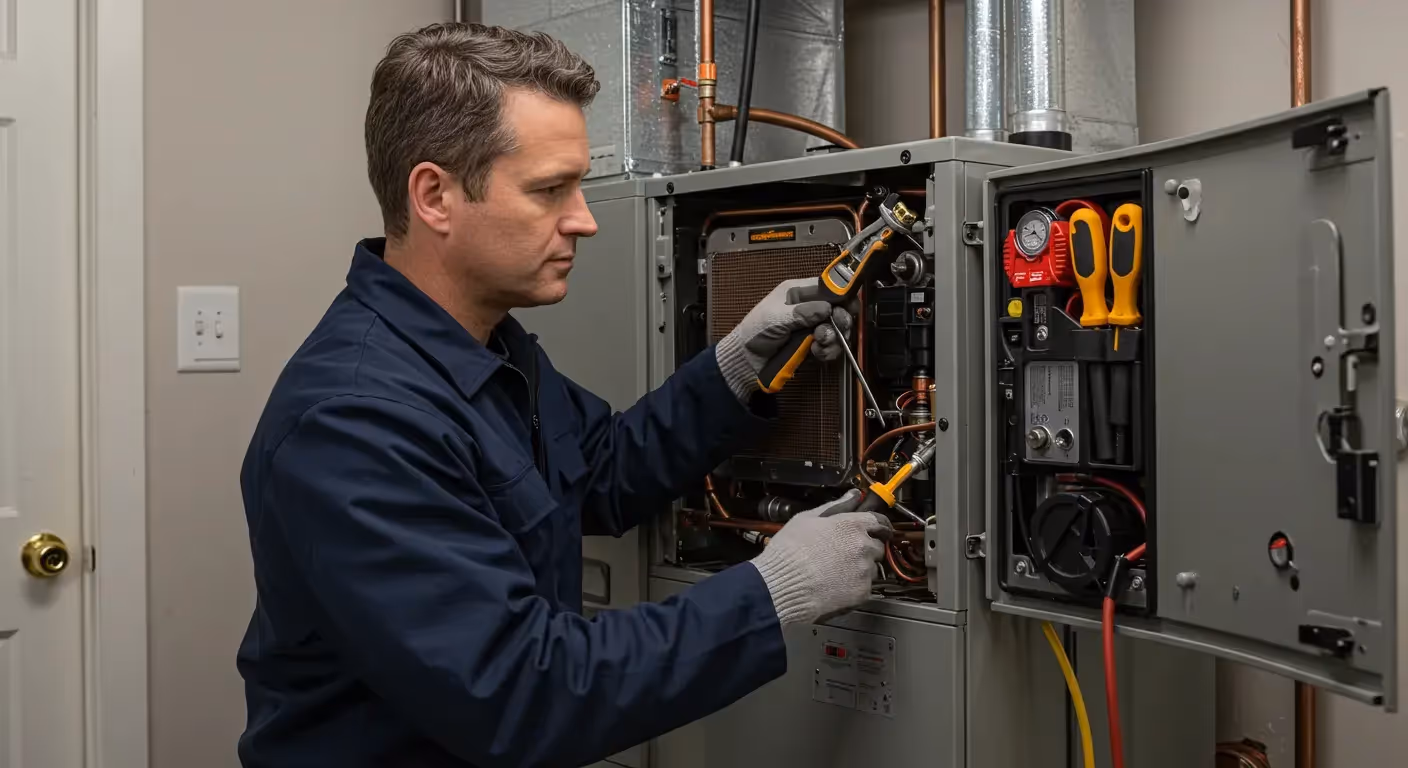 A technician in a blue uniform and gray gloves uses a multi-meter to check wiring inside an open furnace.
