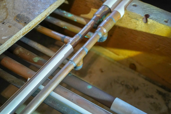 Close-up of new copper water pipes installed during a home repiping project.