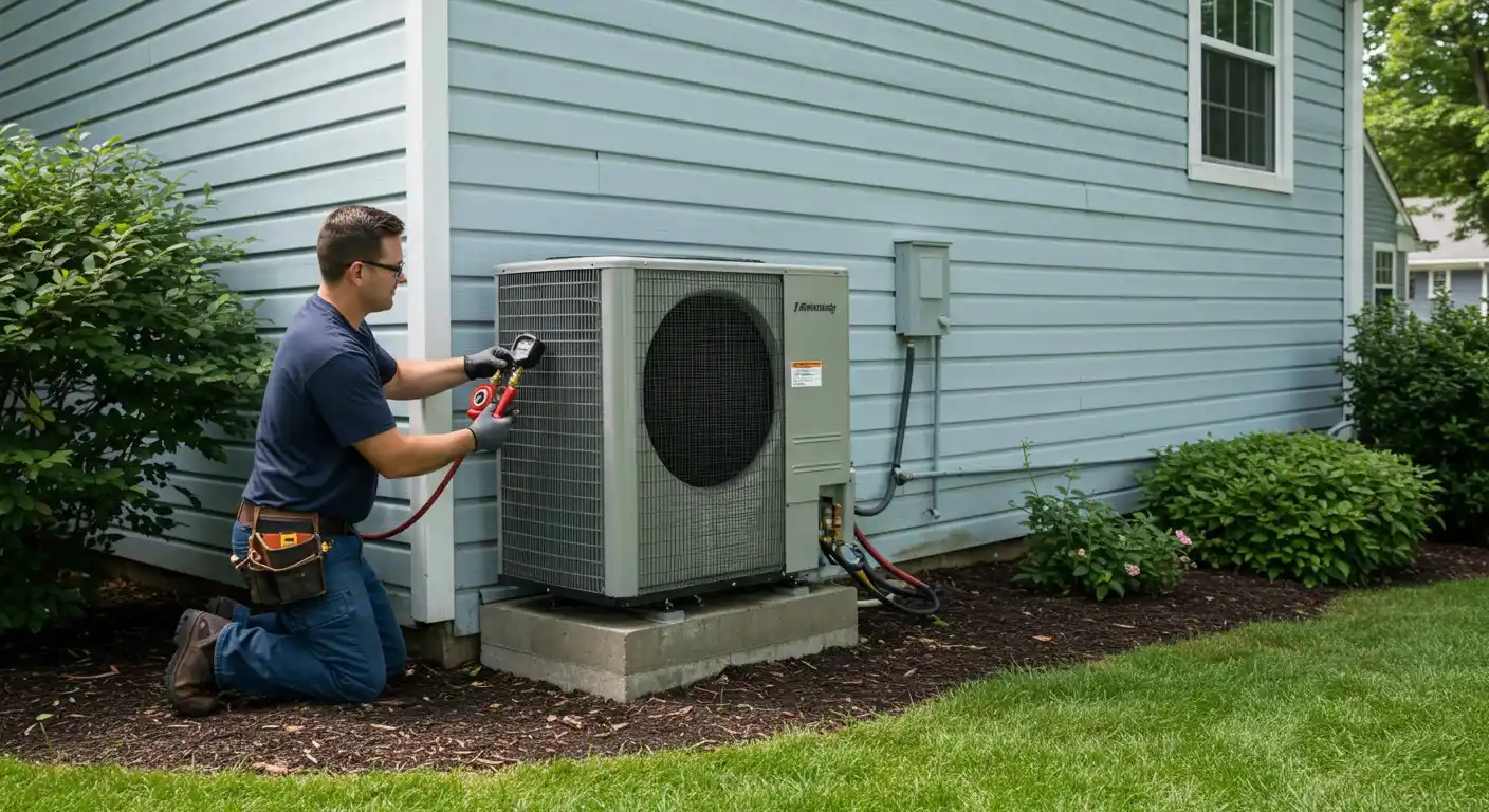 HVAC technician checking outdoor heat pump.