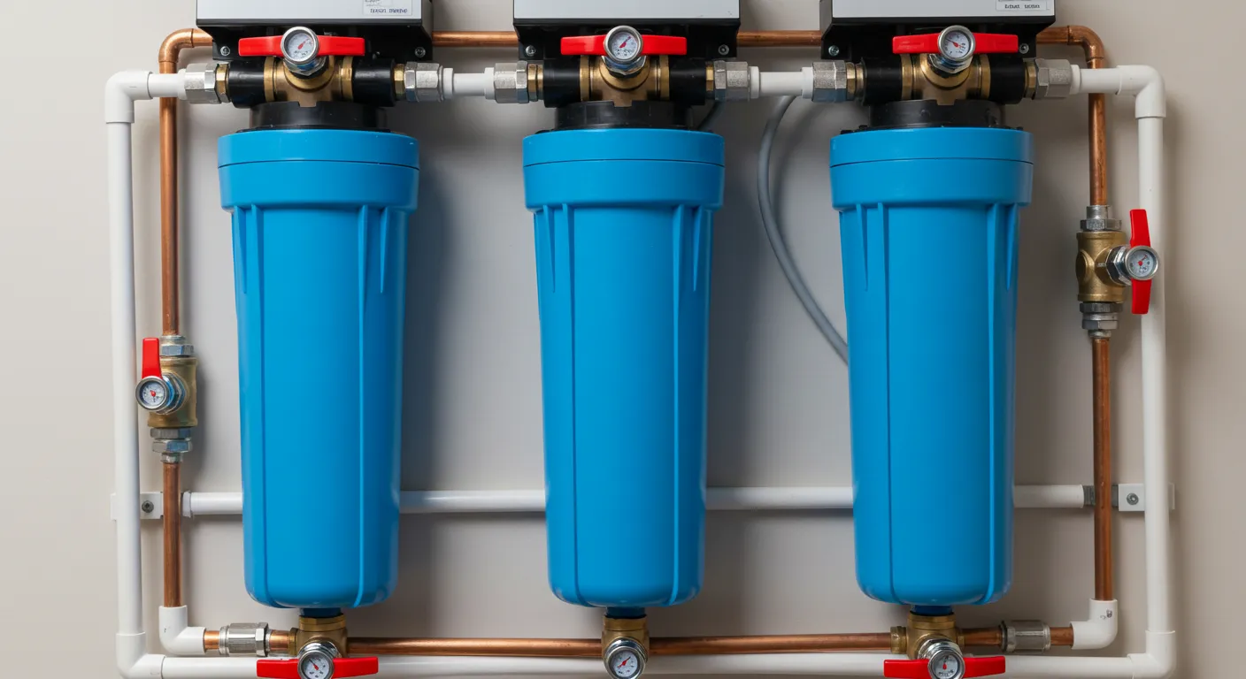 A close-up of three large blue water filtration canisters with red valves and pressure gauges mounted on a wall.