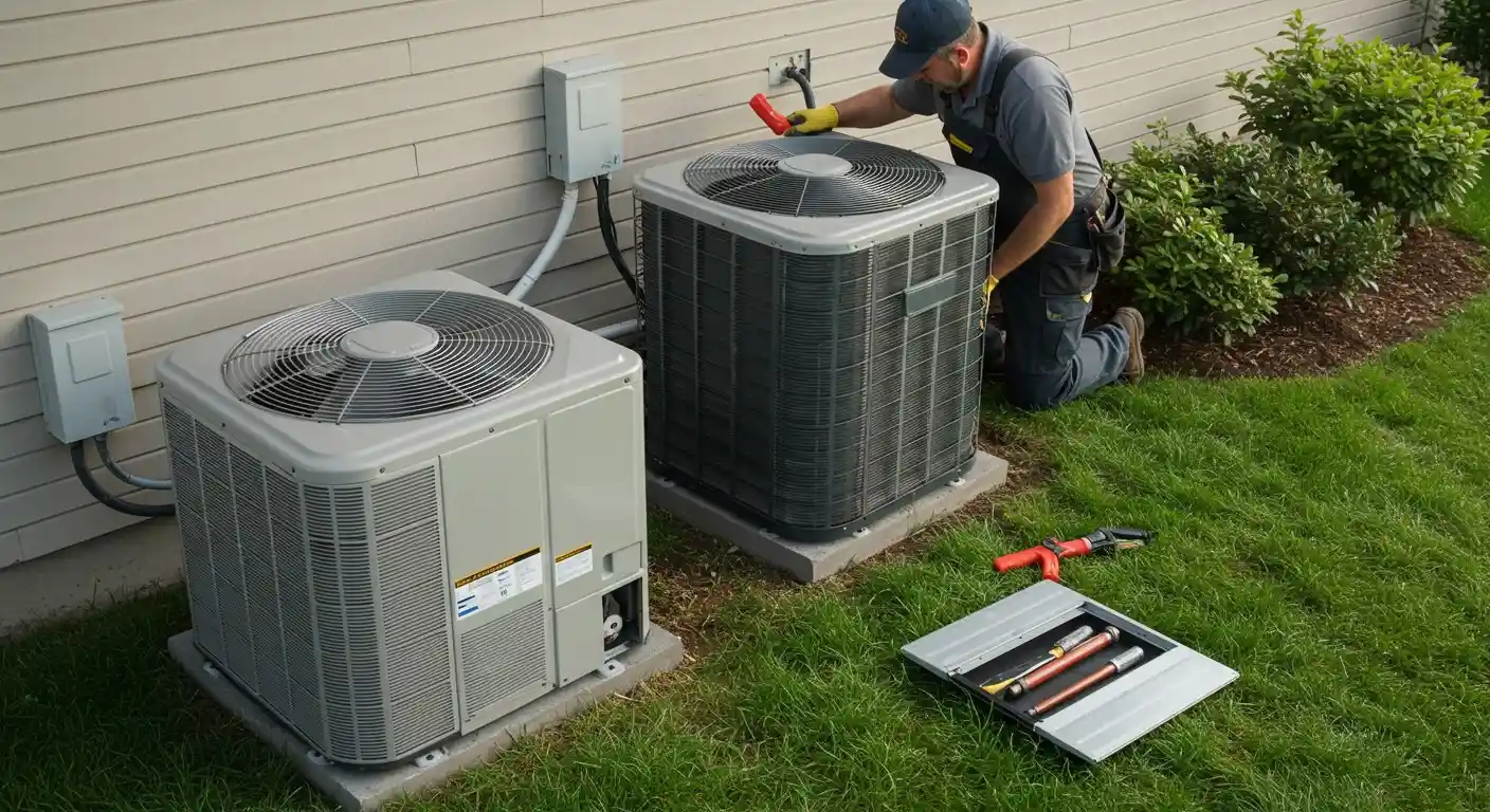 Technician servicing outdoor air conditioning units.