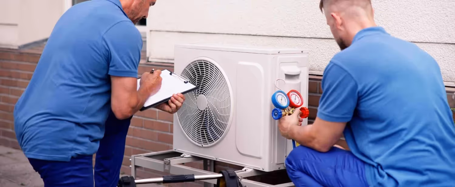 Two HVAC technicians inspecting mini-split unit.