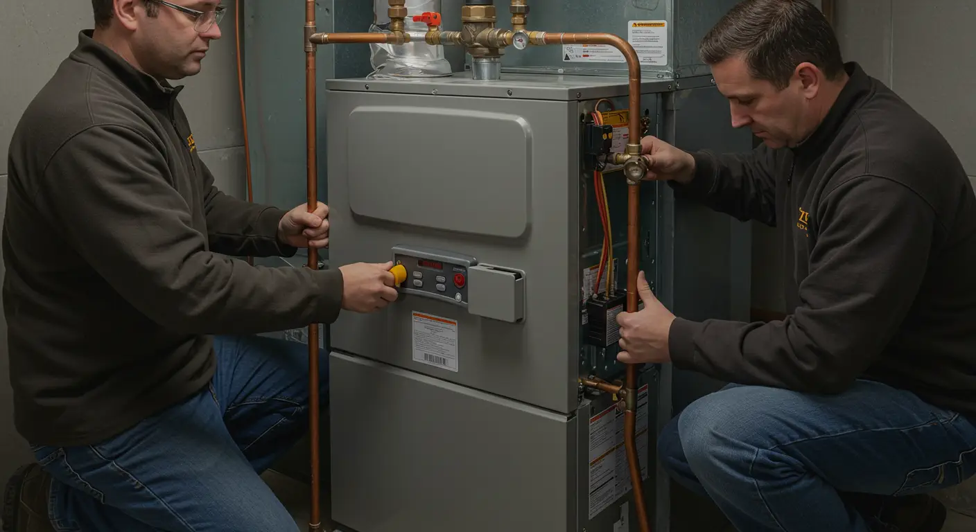 Two male HVAC technicians in matching dark brown work shirts and jeans are installing or servicing a new gray furnace or boiler unit. They are kneeling down, working on the various connections. The technician on the left is holding a copper pipe and pushing a yellow reset button on the front control panel. The technician on the right is also holding a copper pipe and is focused on a valve and control panel on the side of the unit.