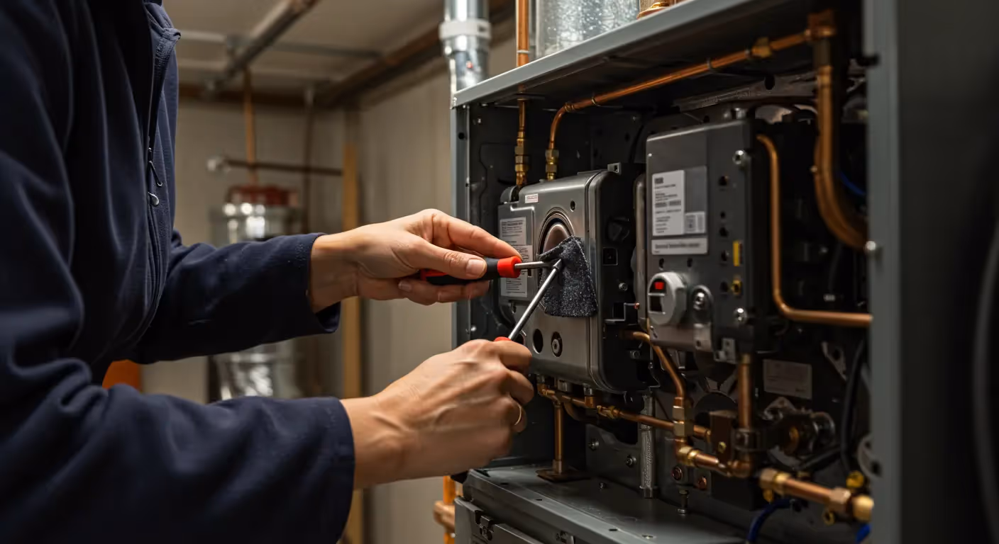 A person wearing a dark blue shirt is performing a tune-up or repair on the internal components of a heating system, likely a boiler or furnace.