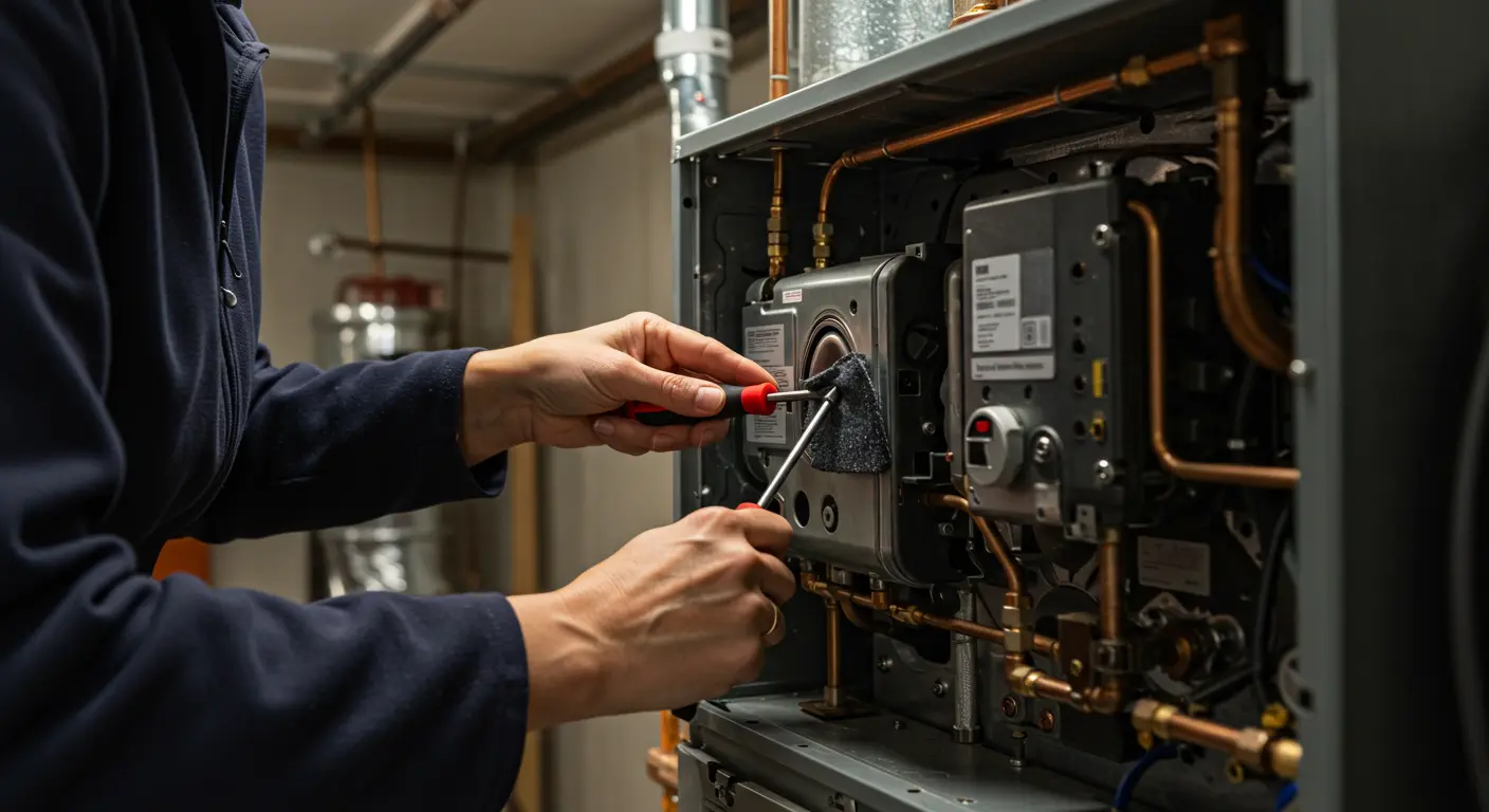 A person wearing a dark blue shirt is performing a tune-up or repair on the internal components of a heating system, likely a boiler or furnace.