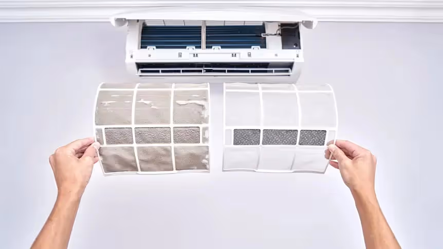 Dirty and clean air conditioner filters.