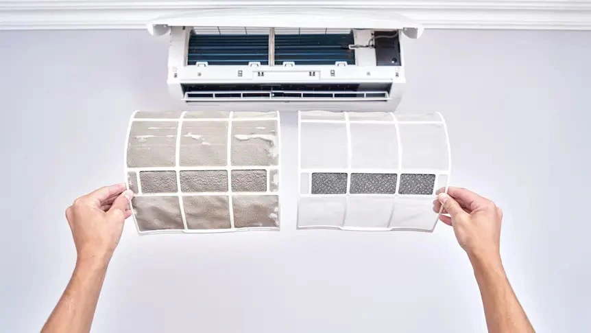 Dirty and clean air conditioner filters.