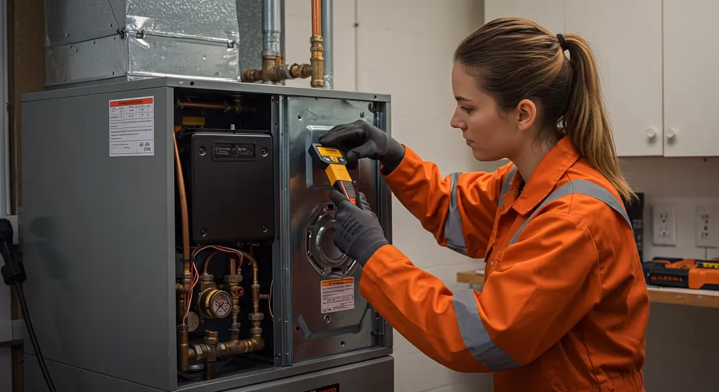 Female technician inspecting indoor HVAC unit.
