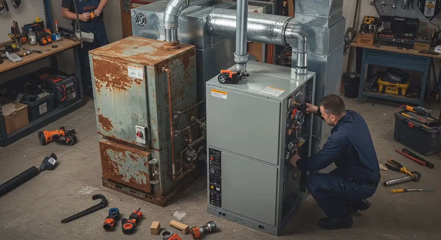 New furnace installation replacing rusted boiler.
