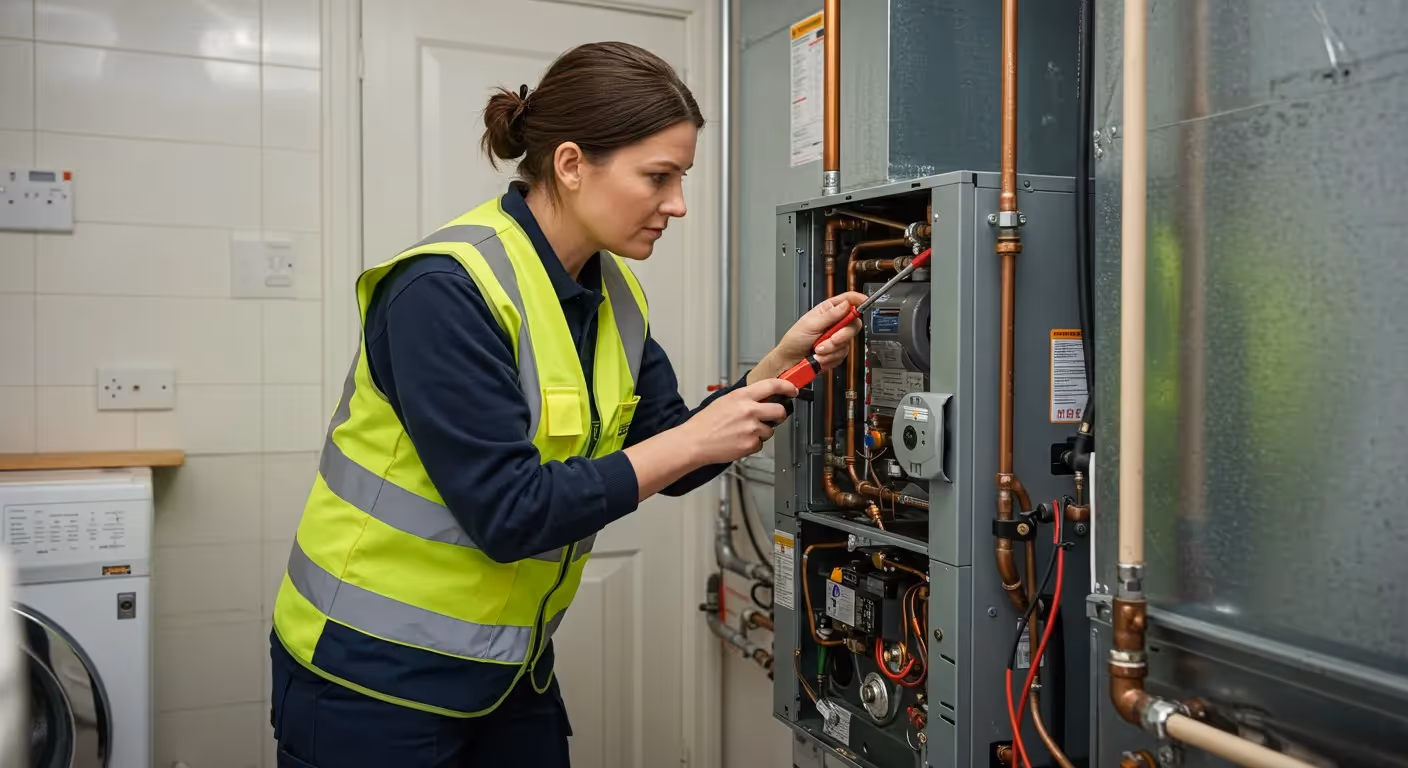 Female technician servicing indoor heating system.