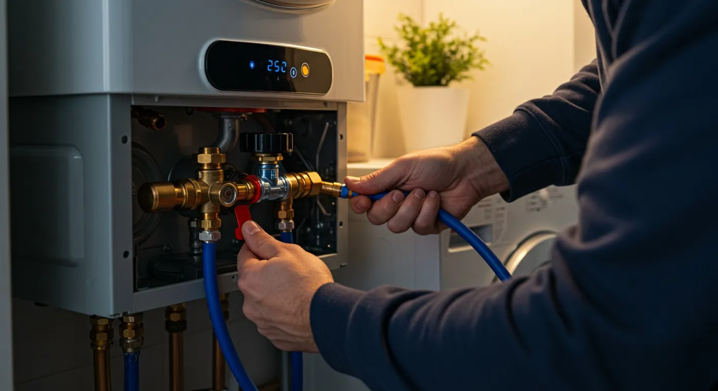 Plumber connects a hose to a water heater valve.