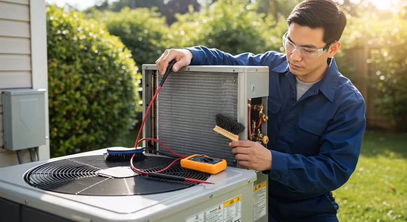 A male HVAC technician in a blue uniform and safety goggles is performing maintenance on an outdoor heat pump or air conditioning unit in a sunny residential yard. He is focused on cleaning the condenser fins with a small brush while holding a multimeter with probes on the top of the unit, ready to take readings. Lush greenery and a house wall are visible in the background.