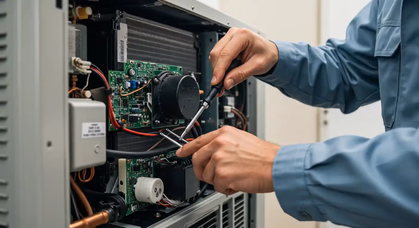  A close-up of an HVAC technician in a light blue work shirt performing a tune-up or repair on the internal components of a heat pump or furnace. The technician is using a screwdriver to work on a green circuit board (PCB), which has various electronic components, black cables, and a round black motor or capacitor attached. The unit's metal casing and some copper tubing are also visible.