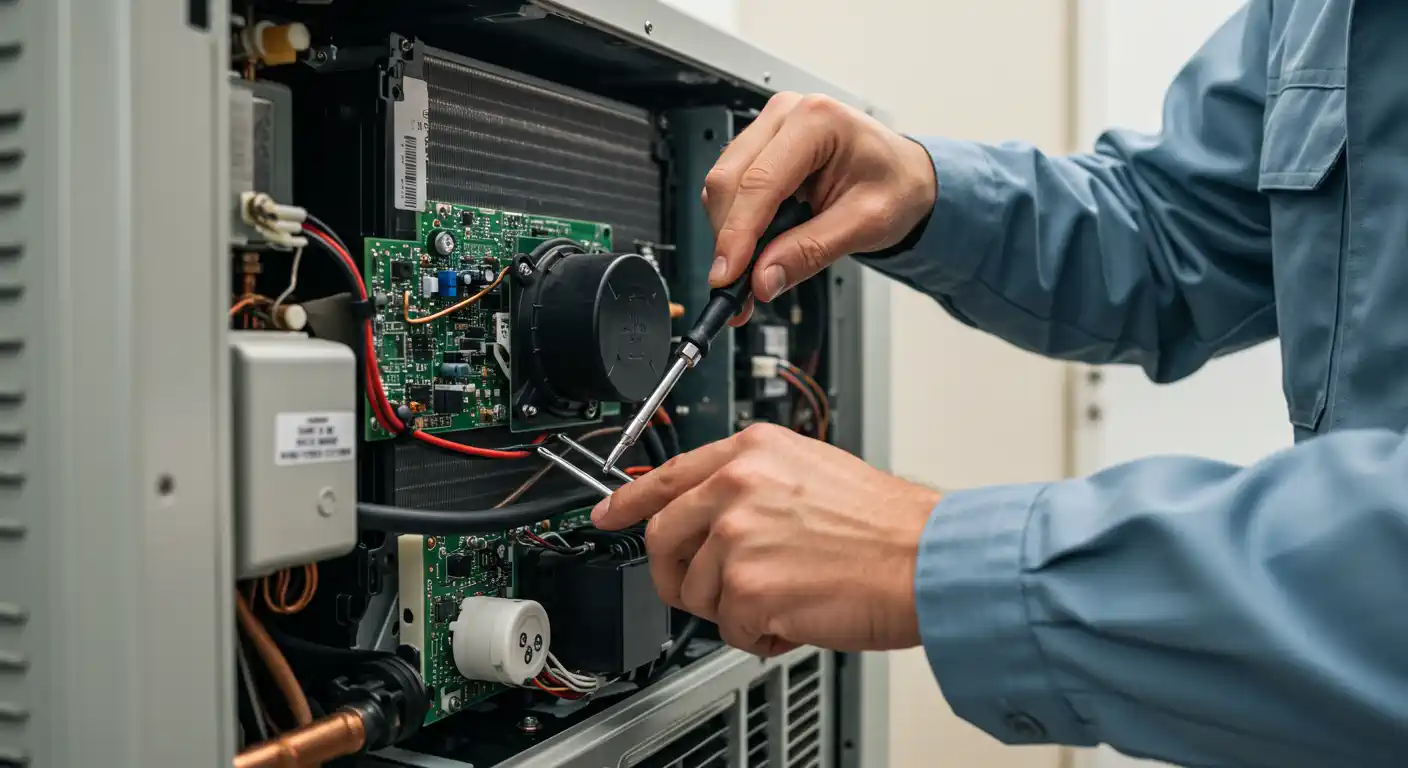 A close-up of an HVAC technician in a light blue work shirt performing a tune-up or repair on the internal components of a heat pump or furnace. The technician is using a screwdriver to work on a green circuit board (PCB), which has various electronic components, black cables, and a round black motor or capacitor attached. The unit's metal casing and some copper tubing are also visible.