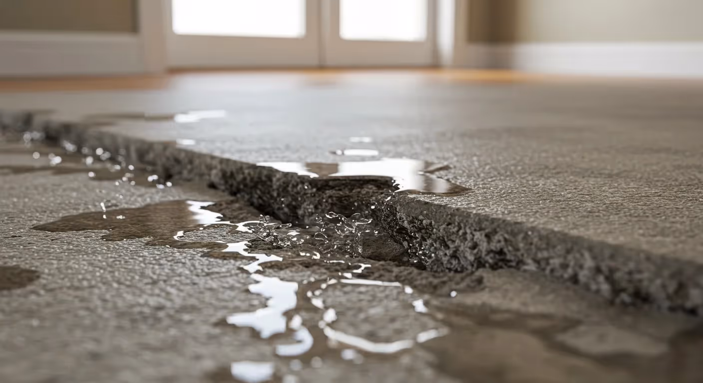 Water leaks through a crack in a concrete foundation slab, pooling on the floor.