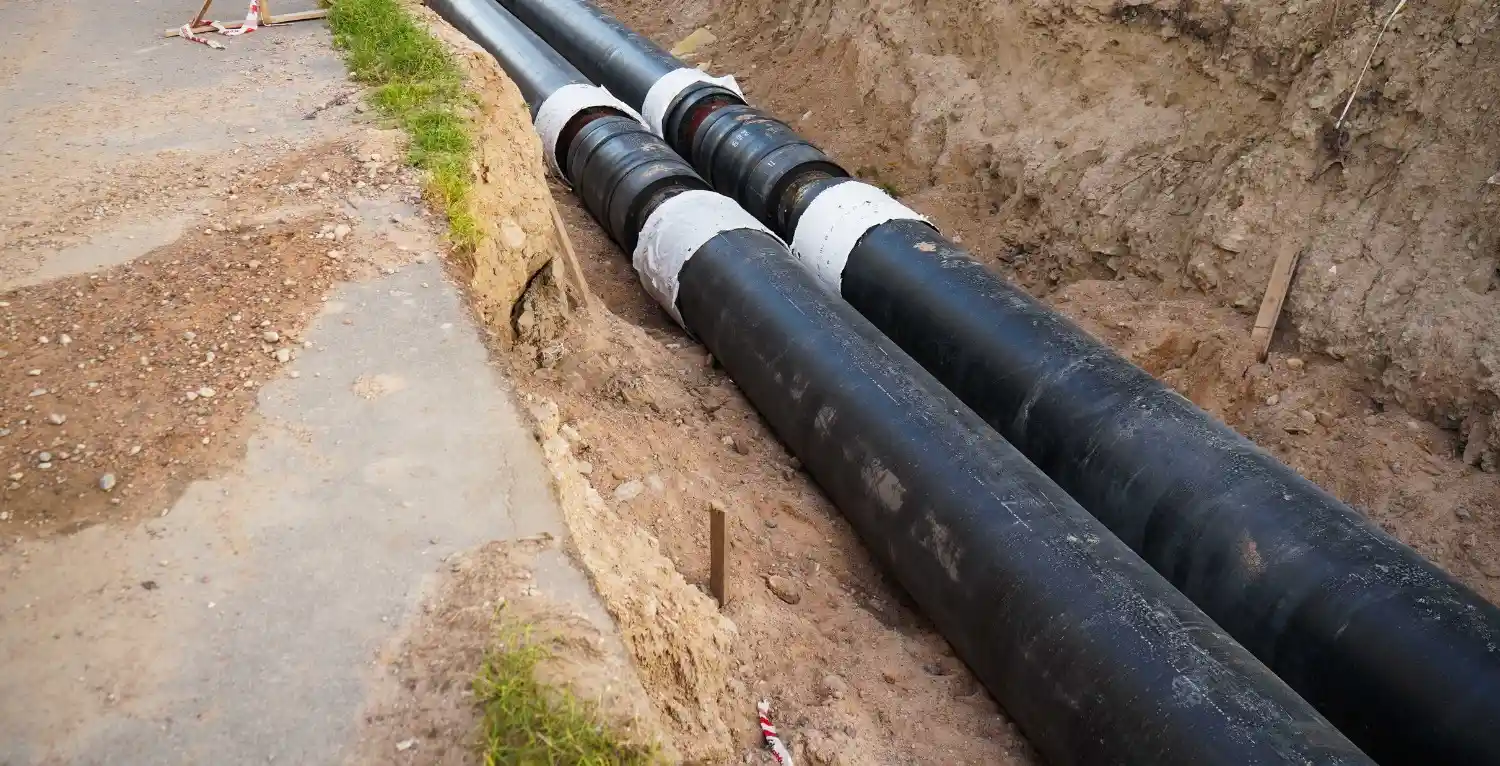 Two large black sewer or utility pipes lying in a muddy trench next to an asphalt road during construction or repair.