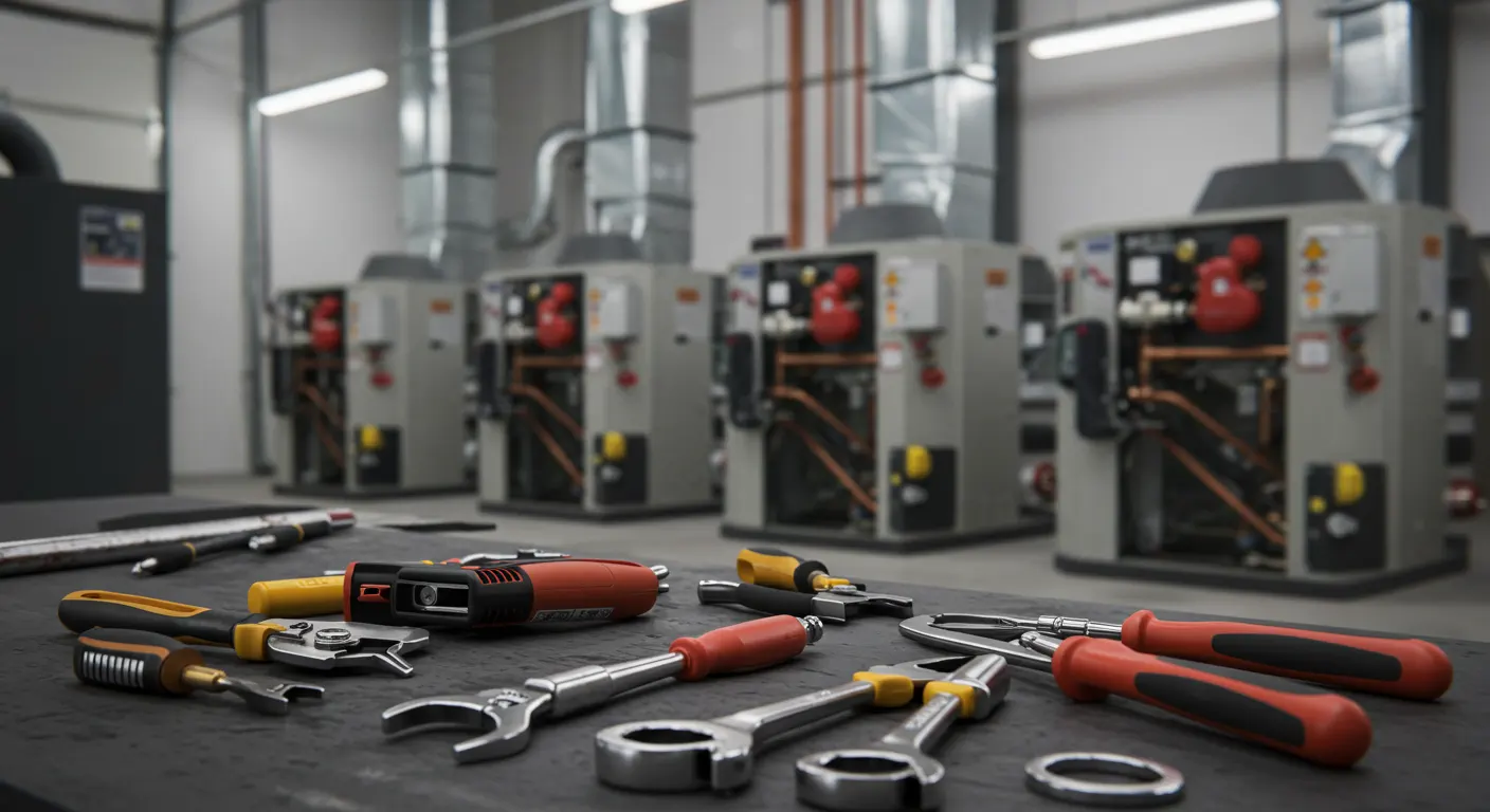 A close-up, low-angle shot focuses on a set of HVAC technician tools laid out on a dark workbench, including wrenches, pliers, screwdrivers, and a handheld testing device. In the softly lit background, four large, gray air handling units with visible copper piping and internal components stand in a row beneath ceiling ductwork.