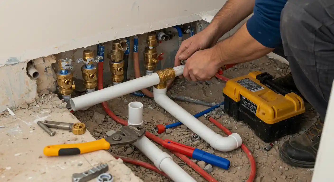 A close-up view of a plumber's hands working on a repiping project, visible through an opening cut into a wall near the floor. The plumber is connecting a white PEX or PVC pipe to a brass fitting. Surrounding the work area are exposed water lines (PEX, copper, and blue/red PEX), several brass valves, various plumbing tools, and a yellow crimping tool or pipe fusion machine.