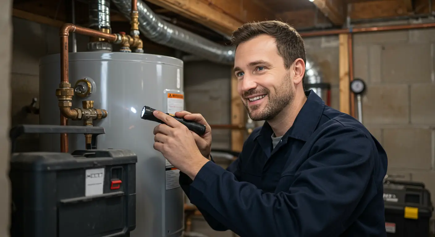  A smiling, clean-cut plumber or technician in a dark blue work uniform is holding a flashlight to inspect the copper piping and valves connected to a large, gray residential water heater. The setting is a basement or utility room with a wooden ceiling and cinder block walls.