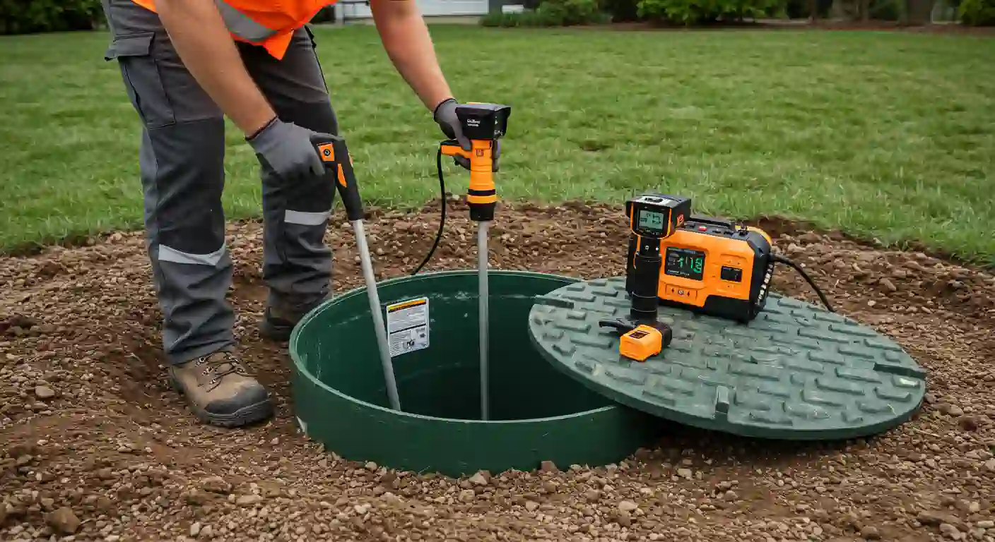 A worker wearing an orange safety vest, gray work pants, and gloves is using specialized equipment to inspect a septic system. The worker is inserting two long probes into a green riser opening in the ground, and an orange and black digital monitoring device sits on the open, round, green lid beside the hole, all surrounded by loose dirt and green grass.