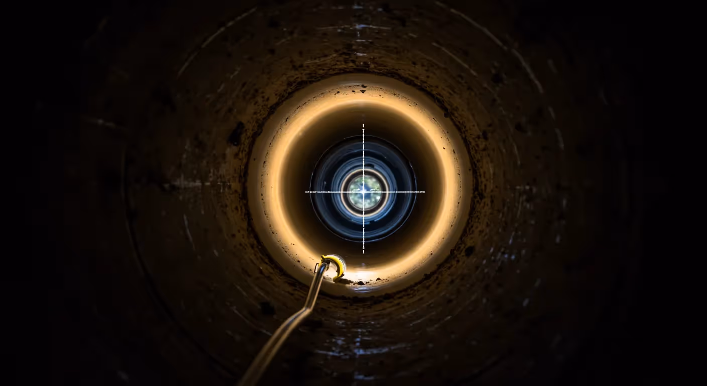 A dark, dramatic, and centered view looking down the long, cylindrical interior of a sewer pipe or well casing. A drain inspection camera, with its yellow cable and a bright light, illuminates the pipe's interior walls. A crosshair reticle is superimposed over the center of the image, where a small reflection or view of green foliage can be seen in the distance.