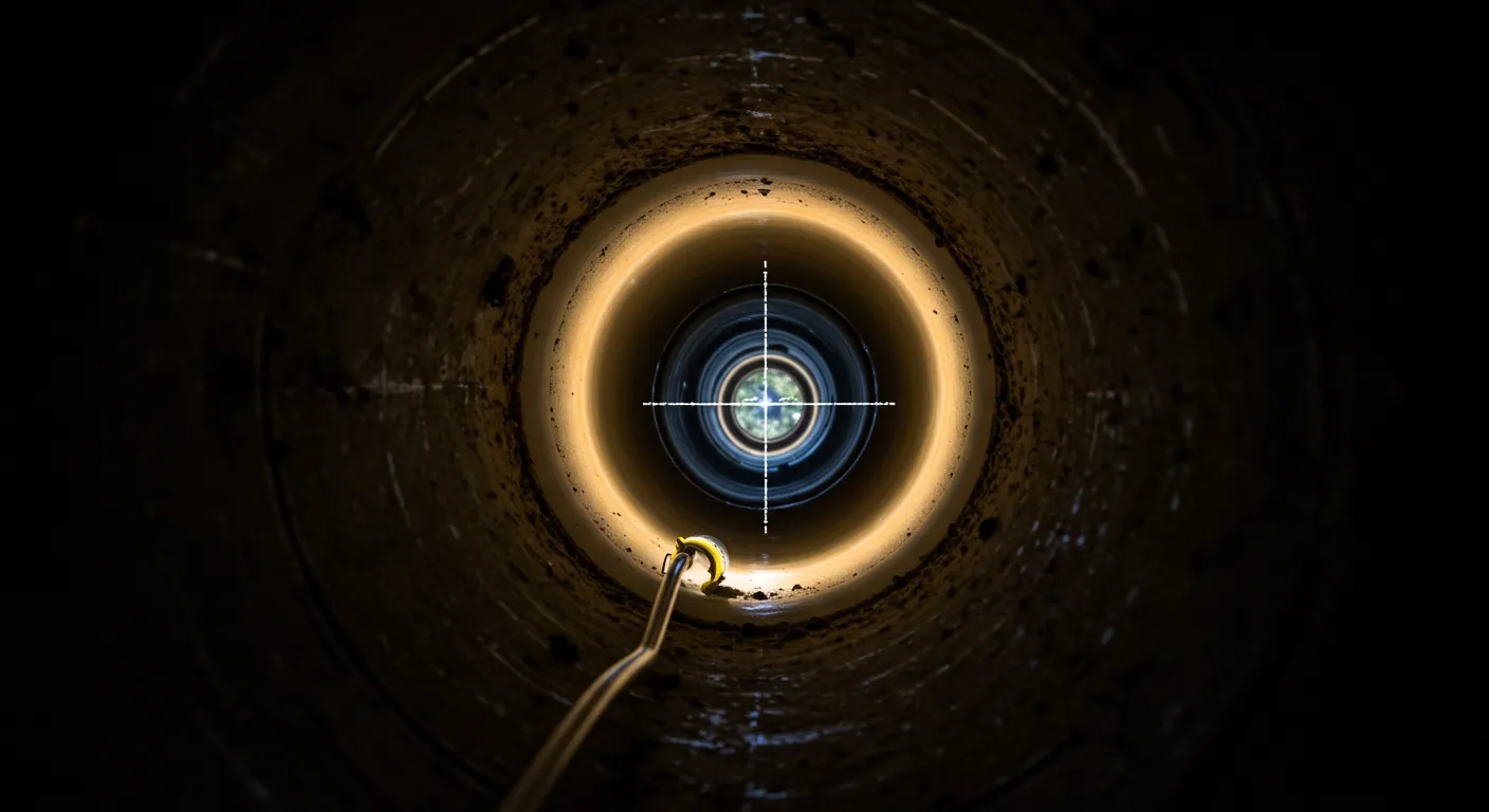 A dark, dramatic, and centered view looking down the long, cylindrical interior of a sewer pipe or well casing. A drain inspection camera, with its yellow cable and a bright light, illuminates the pipe's interior walls. A crosshair reticle is superimposed over the center of the image, where a small reflection or view of green foliage can be seen in the distance.
