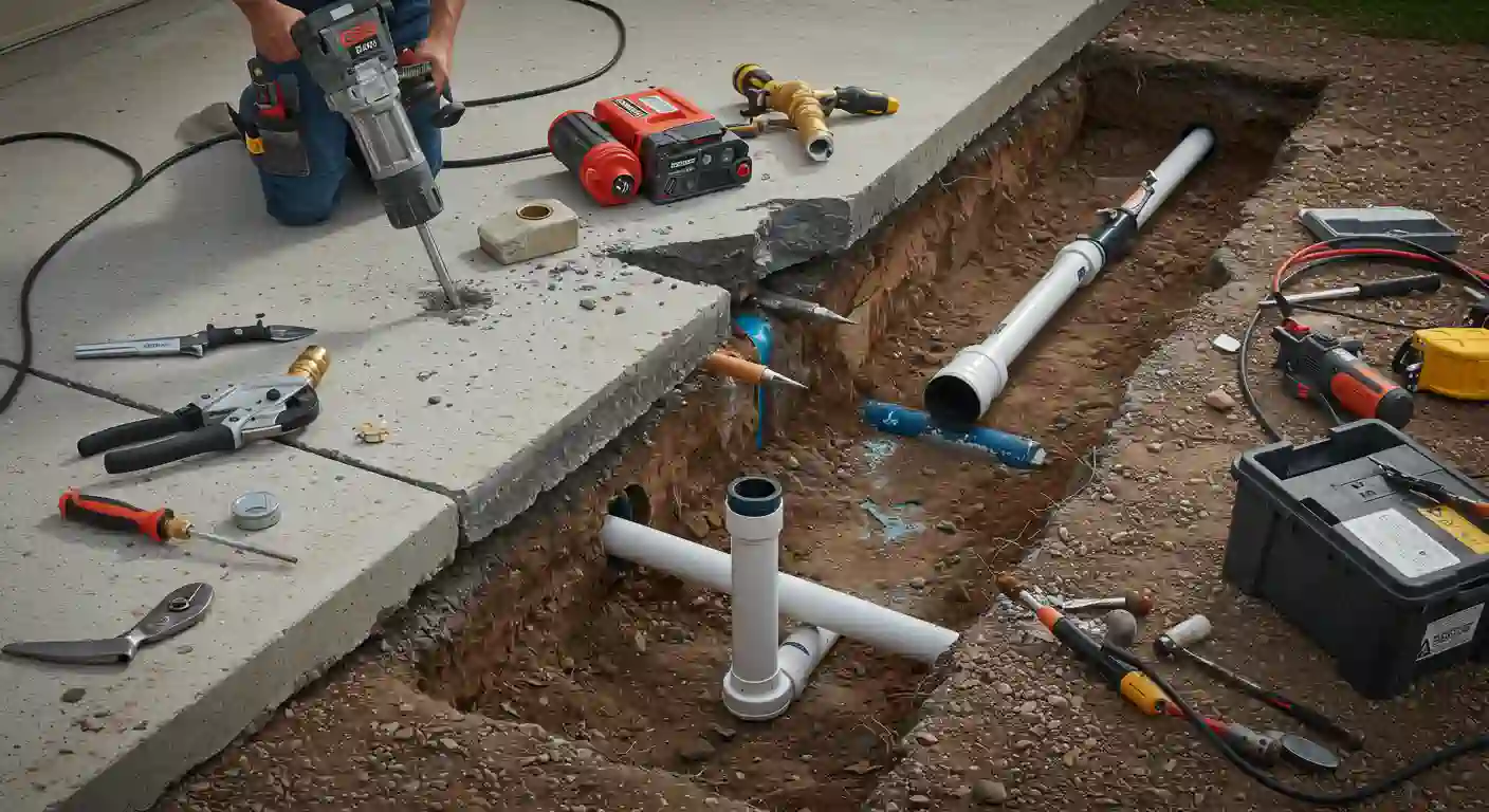 A low-angle view of a plumber working on a slab leak repair or re-piping project outside. A narrow trench has been dug along the edge of a concrete sidewalk or foundation, revealing PVC and PEX piping. The worker, partially visible, is using a jackhammer on the concrete, while various tools and pipe fittings are scattered around the construction site.