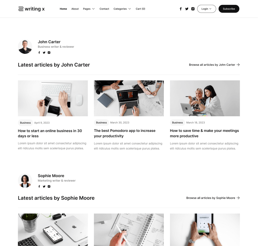 Writing X - Authors Page - Blog Site Webflow Template