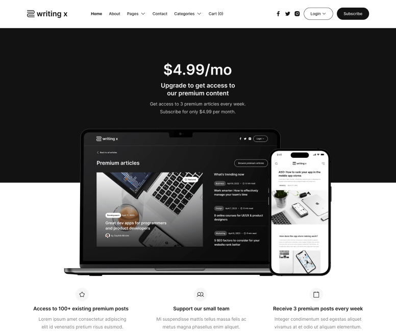 Writing X - Subscribe Paid V2 Page - Blog Site Webflow Template