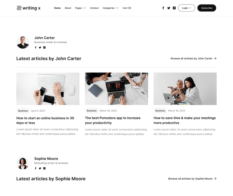 Writing X - Authors Page - Blog Site Webflow Template