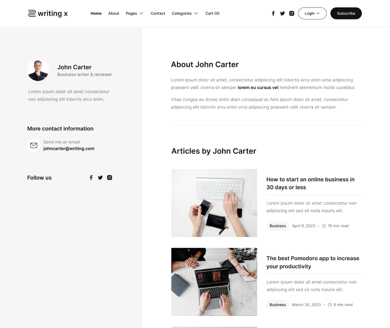 Writing X - Author Single Page - Blog Site Webflow Template