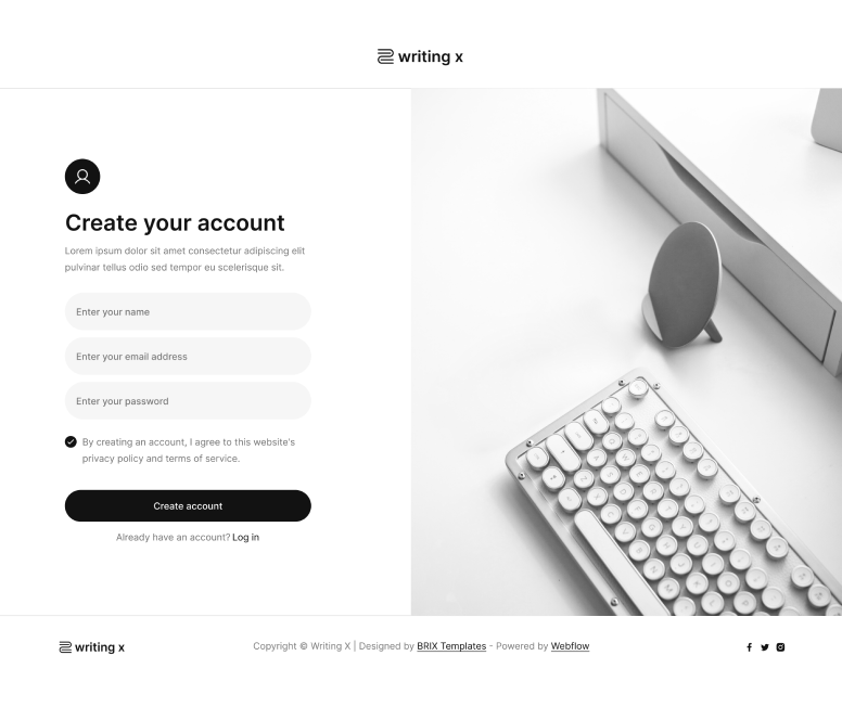 Writing X - Sign Up Page - Blog Site Webflow Template