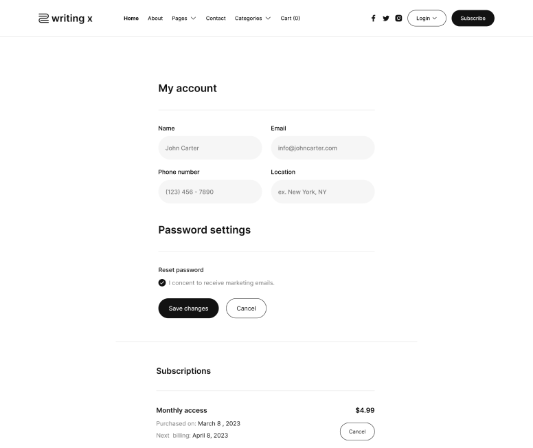 Writing X - User Account Page - Blog Site Webflow Template