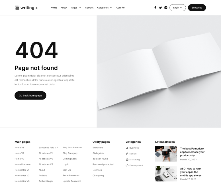 Writing X - 404 Not Found Page - Blog Site Webflow Template