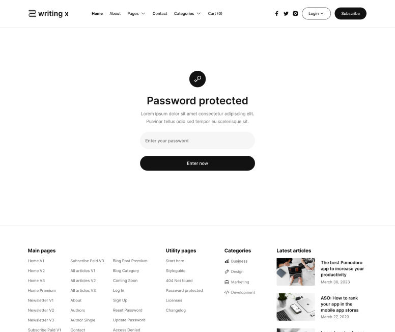 Writing X - Password Protected Page - Blog Site Webflow Template