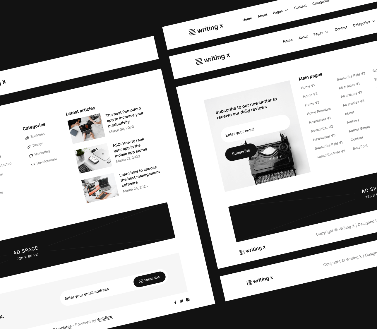 Writing X - 3 Headers And Footers - Blog Site Webflow Template