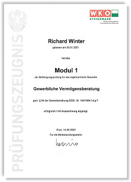 Zertifikat: Modul 1 der Ausbildung zum gewerblichen Vermögensberater