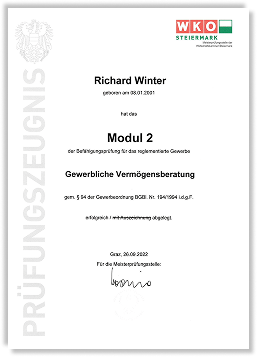 Zertifikat: Modul 2 der Ausbildung zum gewerblichen Vermögensberater