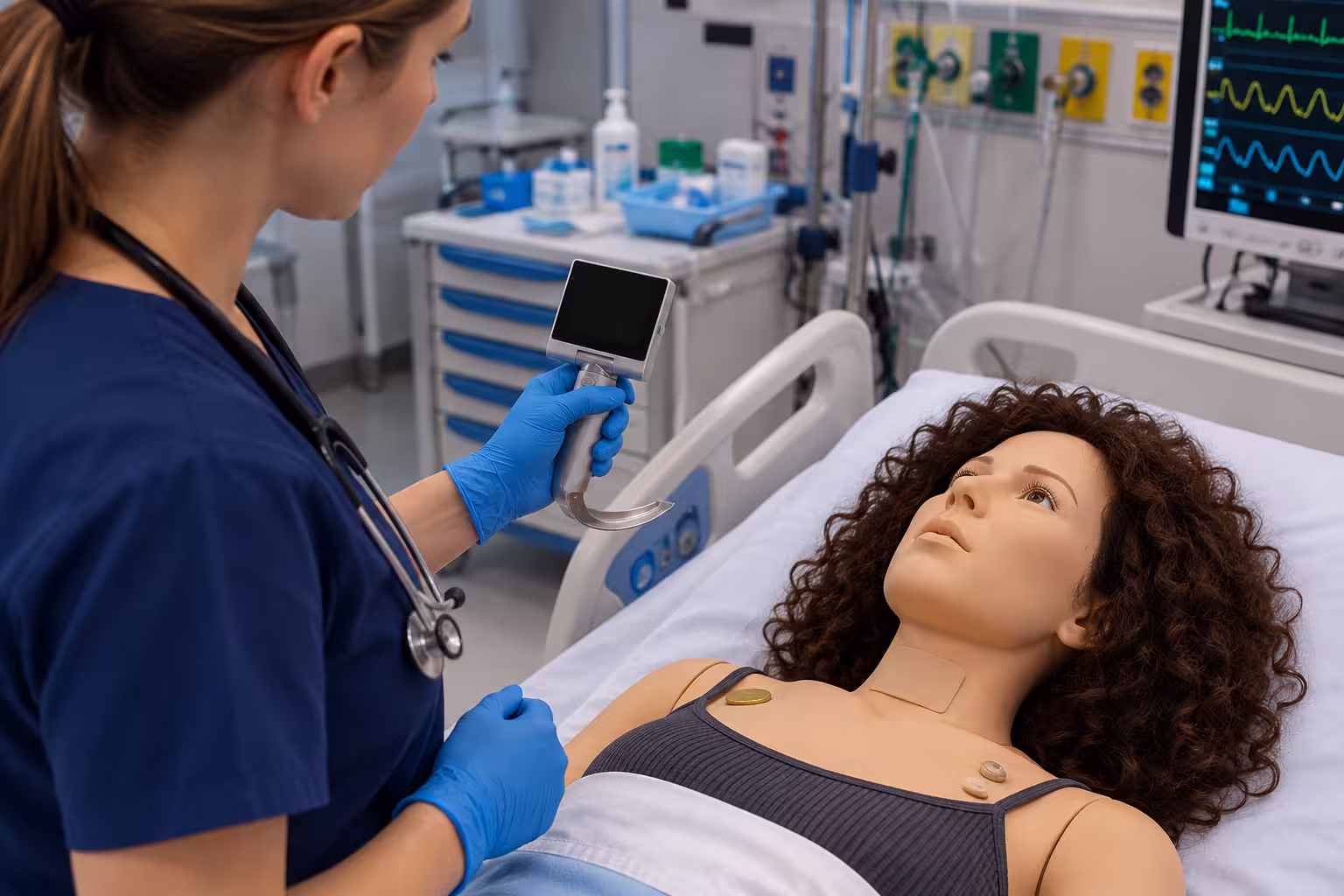 Instructor and learners training around the Leonardo patient simulator and its monitor