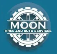 Logo for Moon Tires and Auto Services, featuring a tire and gear icon on a blue background.