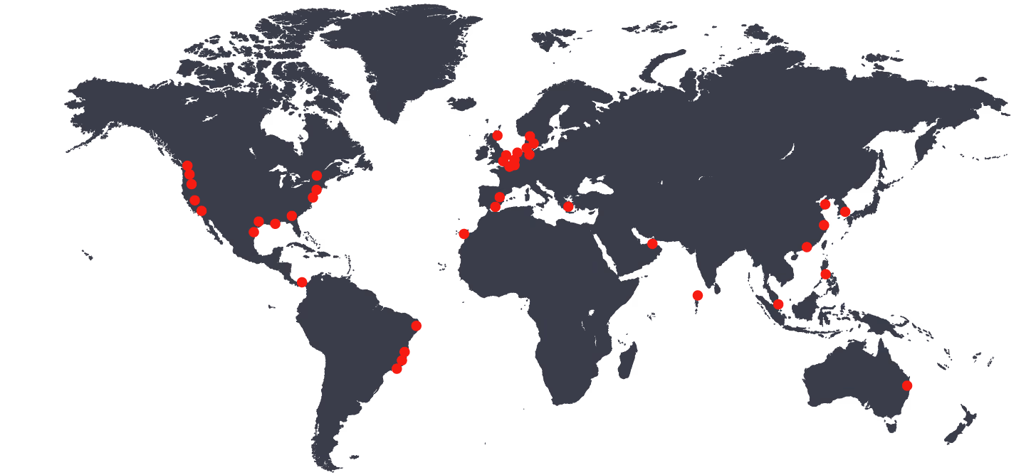 World map silhouette in dark grey showing country borders on a white background.