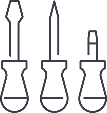 Outline illustration of three hand screwdrivers with different tip shapes and sizes.