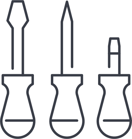 Outline illustration of three hand screwdrivers with different tip shapes and sizes.