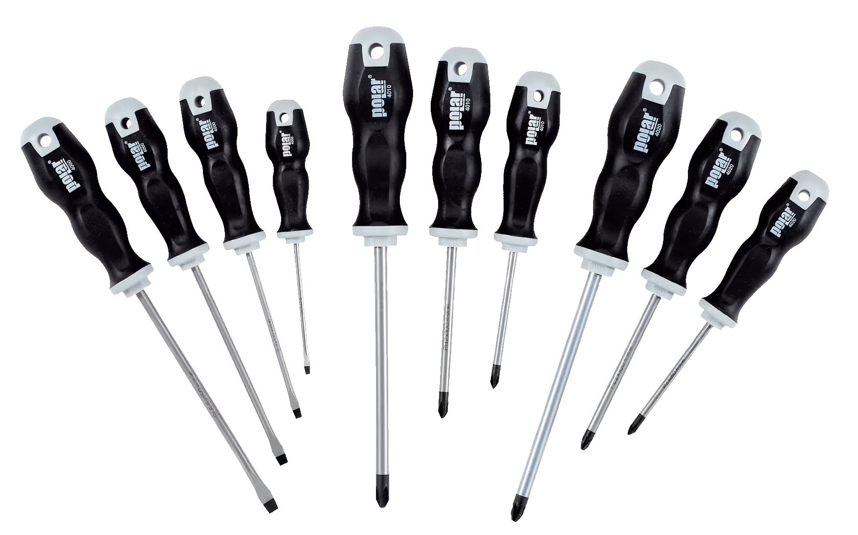 Set of ten screwdrivers with black handles and silver shafts, varying in length and tip types.