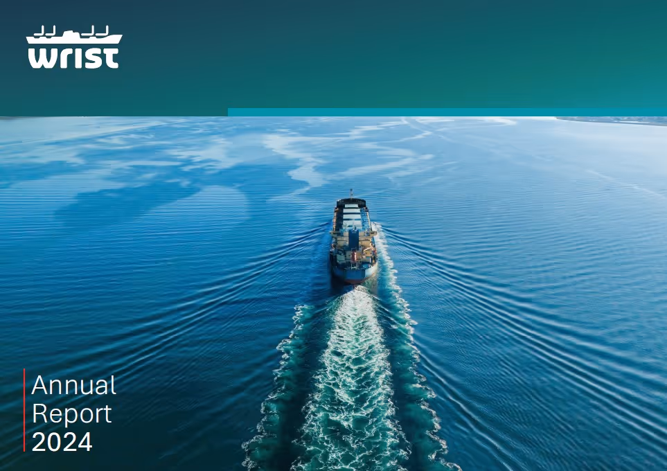 A cargo ship moving through calm blue water, with the text 'Annual Report 2024' and the Wrist logo at the top left.