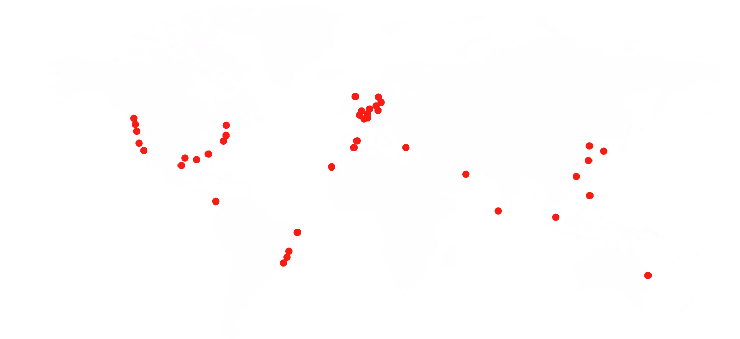 World map with red dots marking multiple global locations across North America, South America, Europe, Asia, and the Middle East.